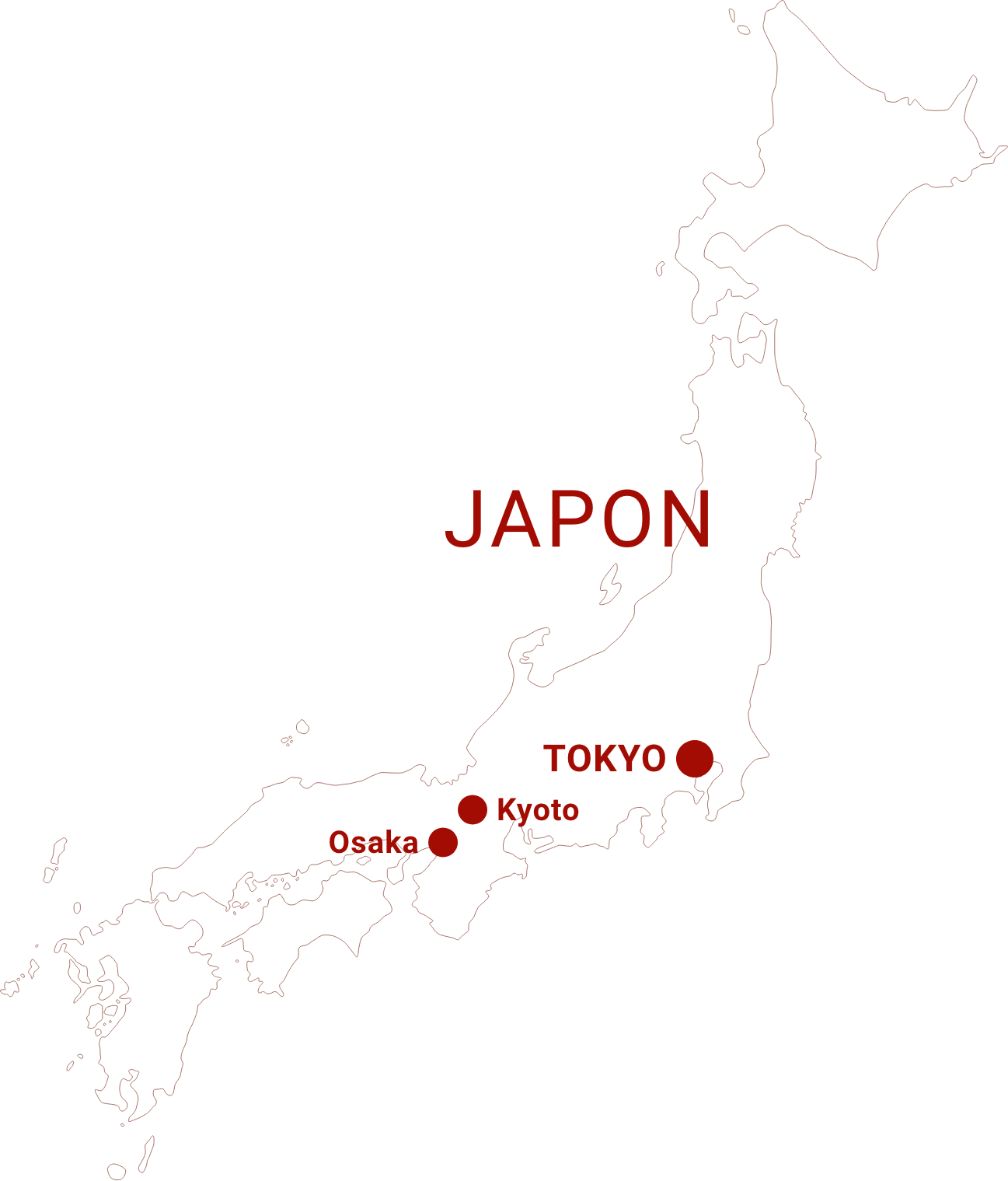 Carte du Japon avec un indicateur sur les villes Tokyo, Kyoto et Osaka 
